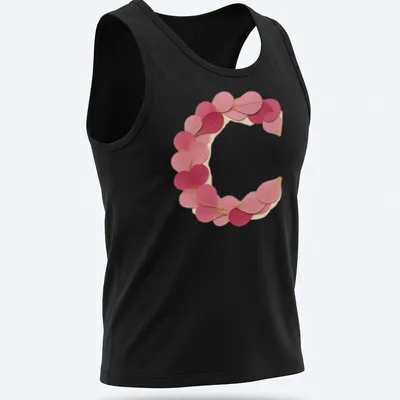 Vintage style t-shirt featuring a letter C formed from pink petals — printed on a tank top