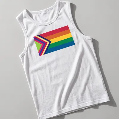 Vibrant Pride flag with an arrow design in rainbow colors — printed on a tank top
