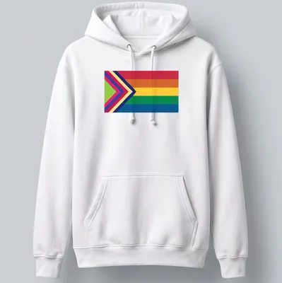 Vibrant Pride flag with an arrow design in rainbow colors — printed on a unisex hoodie