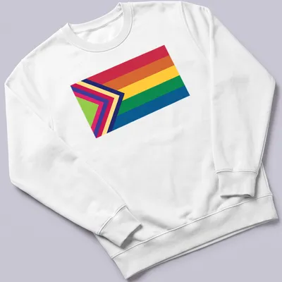 Vibrant Pride flag with an arrow design in rainbow colors — printed on a unisex sweatshirt