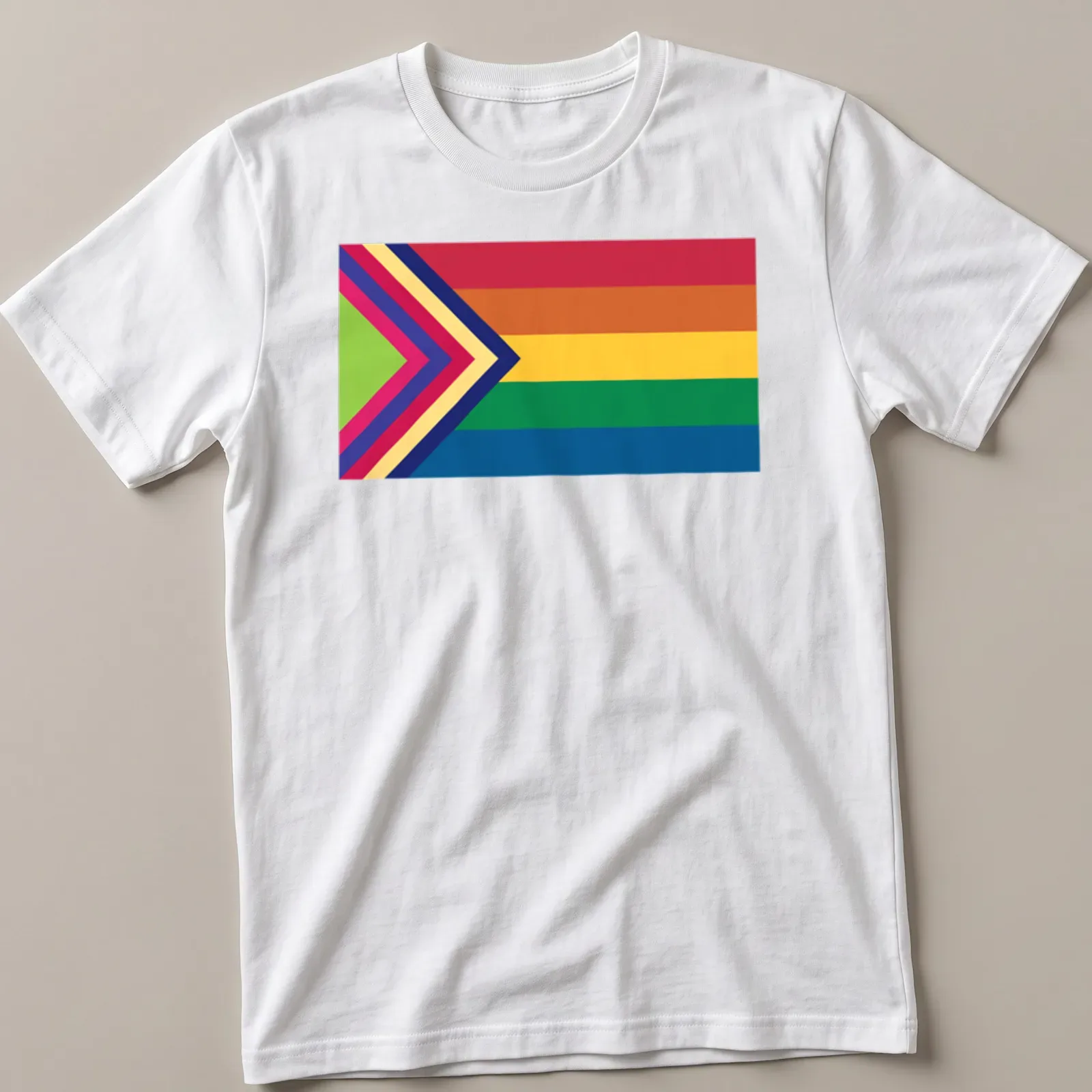 Vibrant Pride flag with an arrow design in rainbow colors — printed on a unisex t-shirt