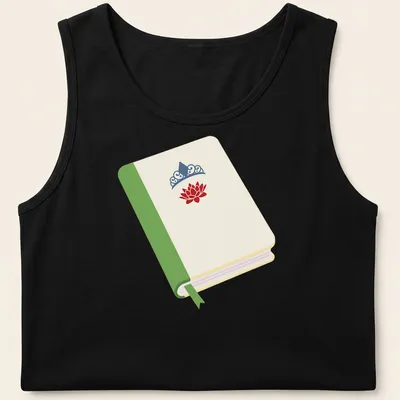 Illustrated t-shirt featuring a princess book with a lotus flower and crown in cream, green, red, and blue. — printed on a tank top