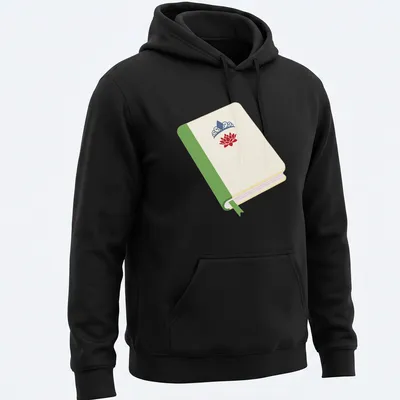 Illustrated t-shirt featuring a princess book with a lotus flower and crown in cream, green, red, and blue. — printed on a unisex hoodie