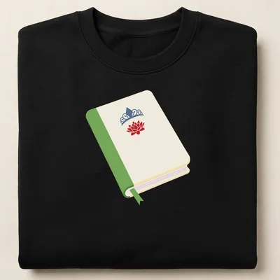 Illustrated t-shirt featuring a princess book with a lotus flower and crown in cream, green, red, and blue. — printed on a unisex sweatshirt