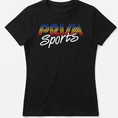 Retro Prism Sports t-shirt featuring vibrant colors and bold design. — printed on a women's shirt
