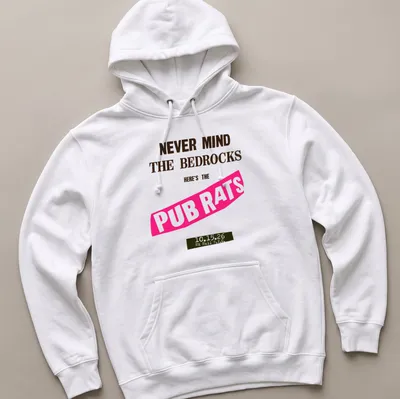 Bold retro shirt featuring the design 'Never Mind The Bedrocks Here's The Pub Rats' — printed on a unisex hoodie