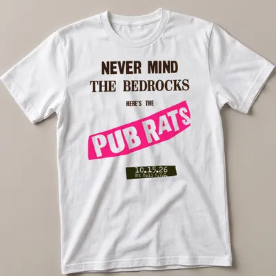 Bold retro shirt featuring the design 'Never Mind The Bedrocks Here's The Pub Rats'