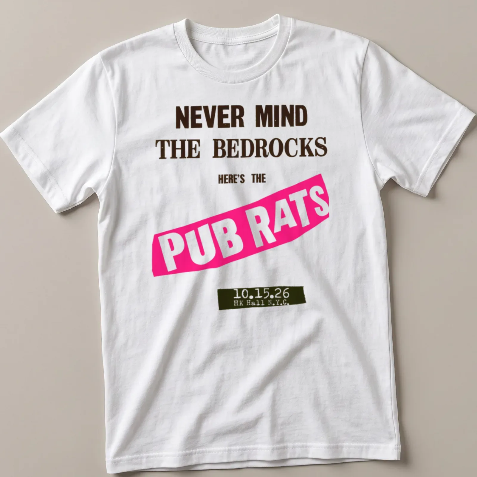 Bold retro shirt featuring the design 'Never Mind The Bedrocks Here's The Pub Rats' — printed on a unisex t-shirt