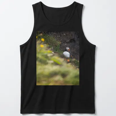 Natural photography of a puffin bird fishing, featuring vibrant colors — printed on a tank top