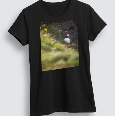 Natural photography of a puffin bird fishing, featuring vibrant colors — printed on a women's shirt