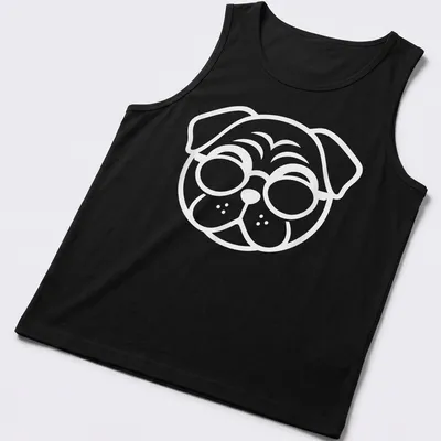 Minimalist black pug silhouette wearing glasses on a white — printed on a tank top