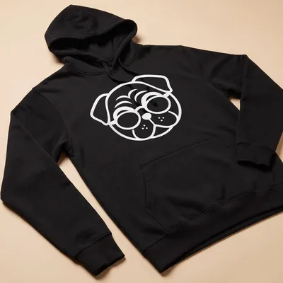 Minimalist black pug silhouette wearing glasses on a white — printed on a unisex hoodie