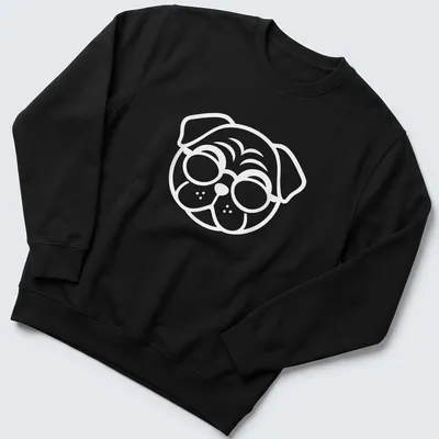 Minimalist black pug silhouette wearing glasses on a white — printed on a unisex sweatshirt