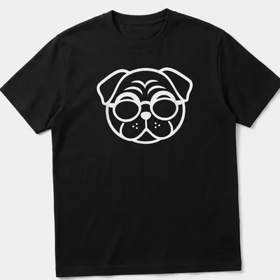 Minimalist black pug silhouette wearing glasses on a white t-shirt