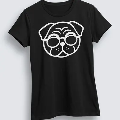Minimalist black pug silhouette wearing glasses on a white — printed on a women's shirt