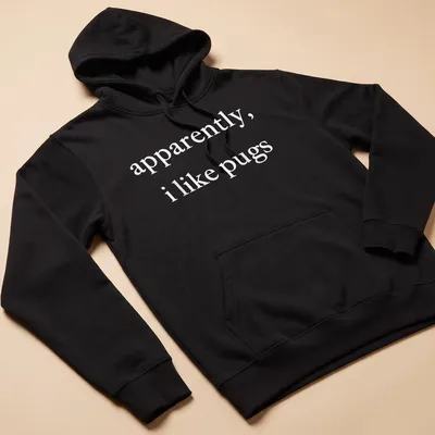 Simple text t-shirt with the phrase 'apparently, I like pugs' in white. — printed on a unisex hoodie