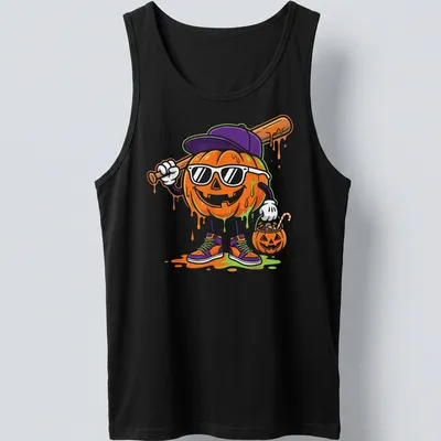 Cartoon pumpkin character with baseball bat and festive text for Halloween. — printed on a tank top
