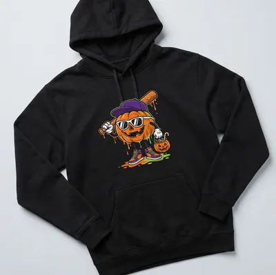 Cartoon pumpkin character with baseball bat and festive text for Halloween. — printed on a unisex hoodie