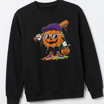 Cartoon pumpkin character with baseball bat and festive text for Halloween. — printed on a unisex sweatshirt