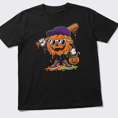 Cartoon pumpkin character with baseball bat and festive text for Halloween.