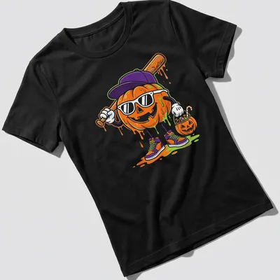Cartoon pumpkin character with baseball bat and festive text for Halloween. — printed on a women's shirt