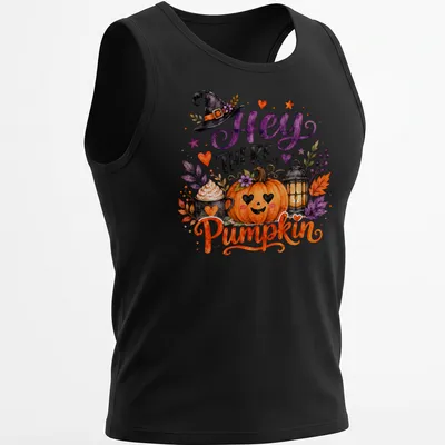 Watercolor print of a pumpkin, lantern, cupcake, and witch hat with the text 'Hey There Pumpkin' — printed on a tank top