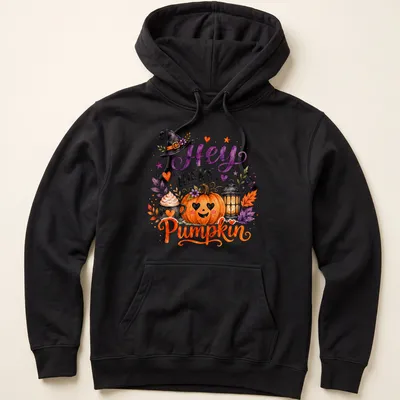Watercolor print of a pumpkin, lantern, cupcake, and witch hat with the text 'Hey There Pumpkin' — printed on a unisex hoodie