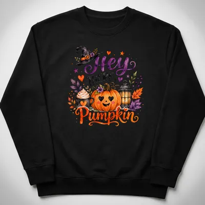 Watercolor print of a pumpkin, lantern, cupcake, and witch hat with the text 'Hey There Pumpkin' — printed on a unisex sweatshirt