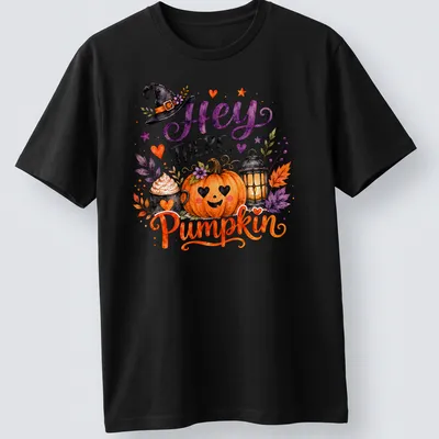 Watercolor print of a pumpkin, lantern, cupcake, and witch hat with the text 'Hey There Pumpkin'