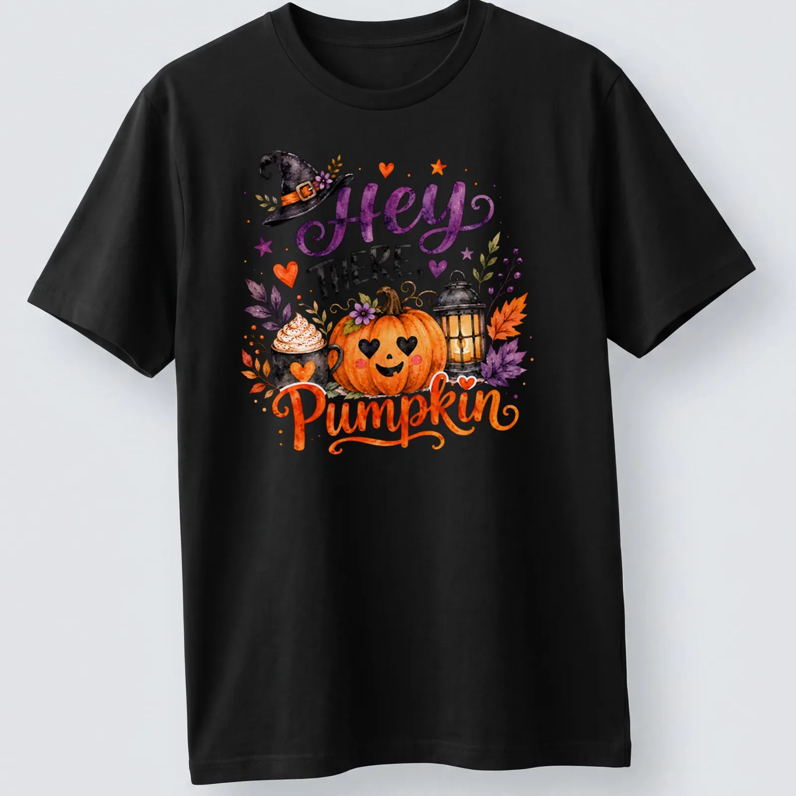 Watercolor print of a pumpkin, lantern, cupcake, and witch hat with the text 'Hey There Pumpkin' — printed on a unisex t-shirt