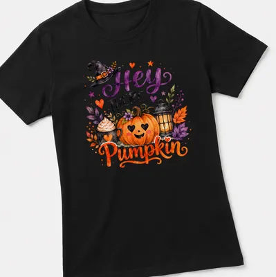 Watercolor print of a pumpkin, lantern, cupcake, and witch hat with the text 'Hey There Pumpkin' — printed on a women's shirt