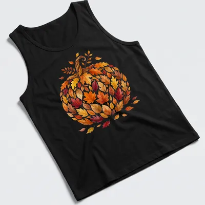 Watercolor pumpkin with colorful autumn leaves in shades of orange, red, and yellow — printed on a tank top
