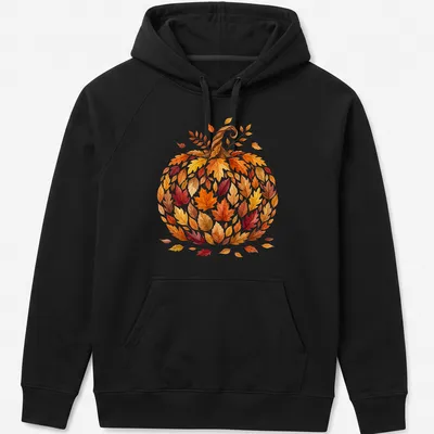Watercolor pumpkin with colorful autumn leaves in shades of orange, red, and yellow — printed on a unisex hoodie