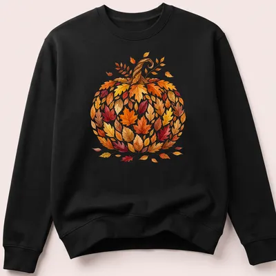 Watercolor pumpkin with colorful autumn leaves in shades of orange, red, and yellow — printed on a unisex sweatshirt