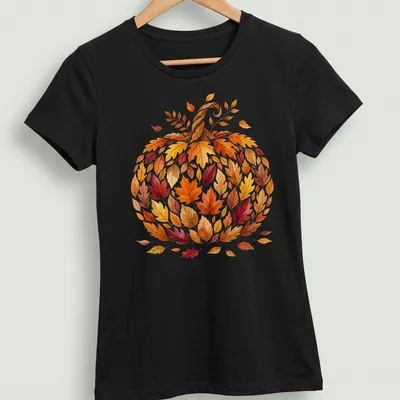 Watercolor pumpkin with colorful autumn leaves in shades of orange, red, and yellow — printed on a women's shirt