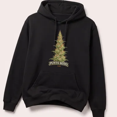 Vintage botanical print of a cannabis plant with 'PUNTO ROJO' text — printed on a unisex hoodie