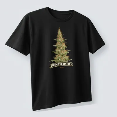 Vintage botanical print of a cannabis plant with 'PUNTO ROJO' text — printed on a unisex t-shirt (angled view)
