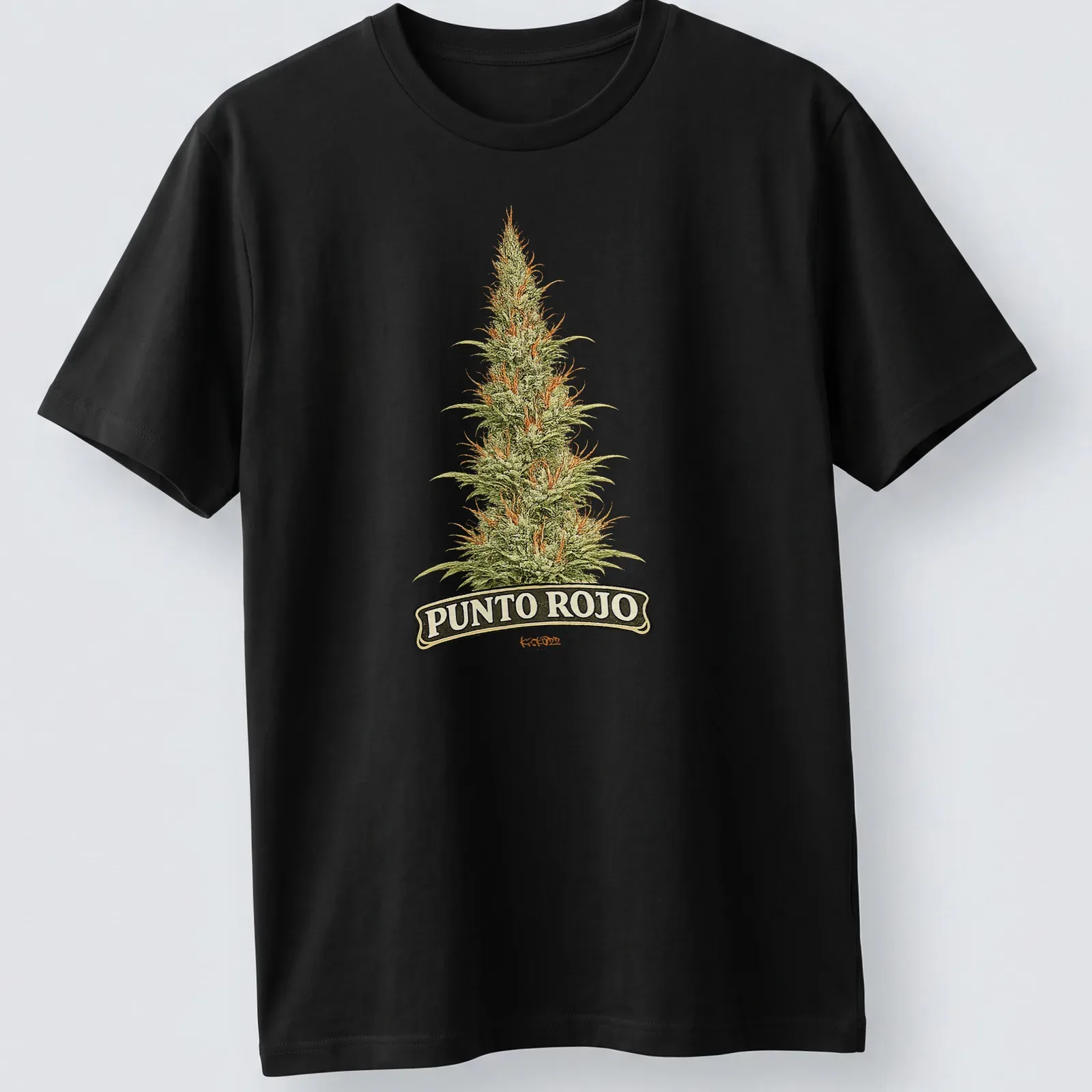 Vintage botanical print of a cannabis plant with 'PUNTO ROJO' text — printed on a unisex t-shirt