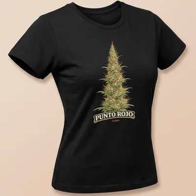 Vintage botanical print of a cannabis plant with 'PUNTO ROJO' text — printed on a women's shirt
