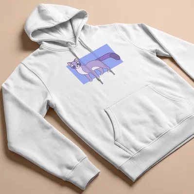 Cartoon graphic of Epel the purple cat with playful colors. — printed on a unisex hoodie