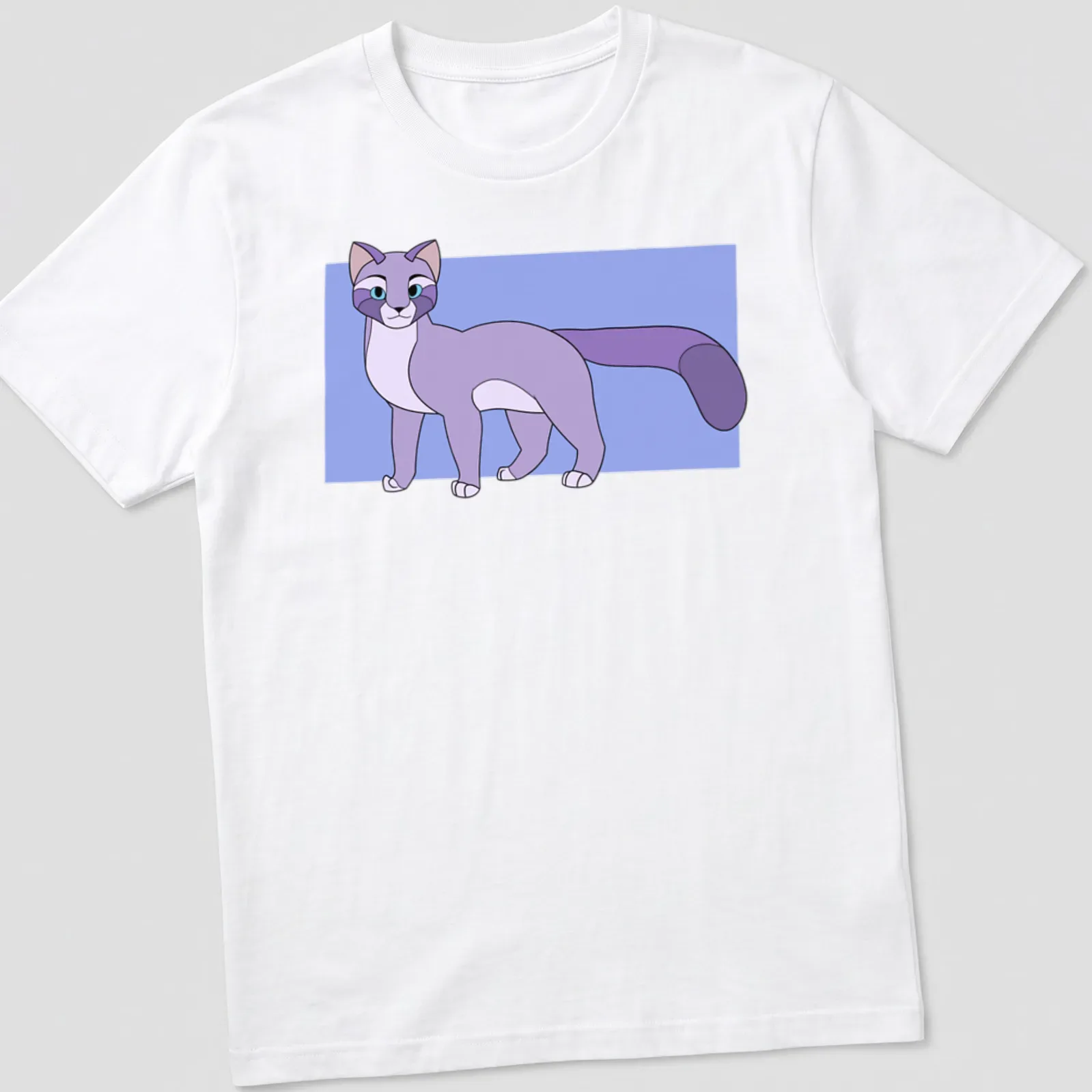 Cartoon graphic of Epel the purple cat with playful colors. — printed on a unisex t-shirt