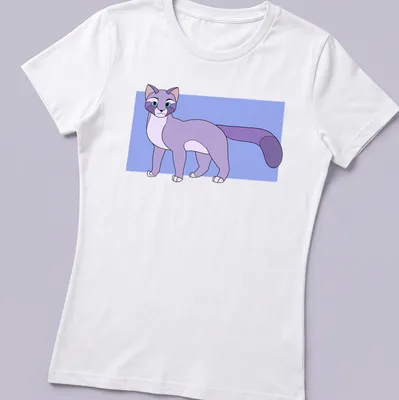 Cartoon graphic of Epel the purple cat with playful colors. — printed on a women's shirt