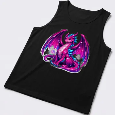 Kawaii purple galaxy crystal dragon against a cosmic background — printed on a tank top