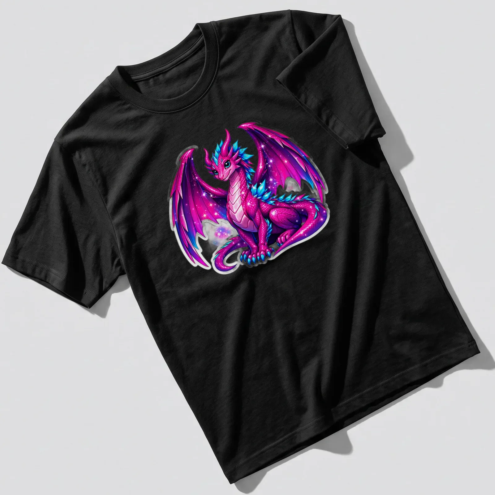 Kawaii purple galaxy crystal dragon against a cosmic background — printed on a unisex t-shirt