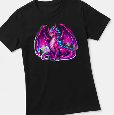 Kawaii purple galaxy crystal dragon against a cosmic background — printed on a women's shirt