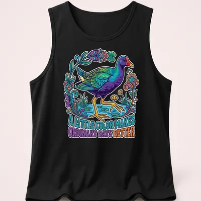 Illustration of a Purple Gallinule with vibrant colors and uplifting text — printed on a tank top