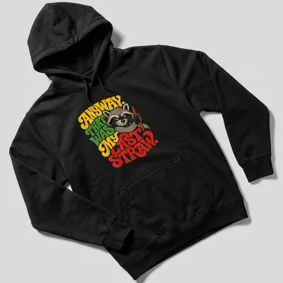Colorful illustration of a raccoon with humorous text about its last straw. — printed on a unisex hoodie