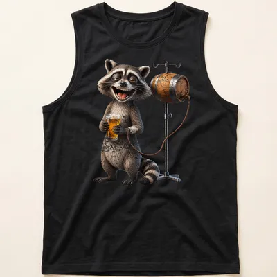 Cartoon raccoon holding a beer with 'Addictive Intravenous Infusion Beer' text — printed on a tank top