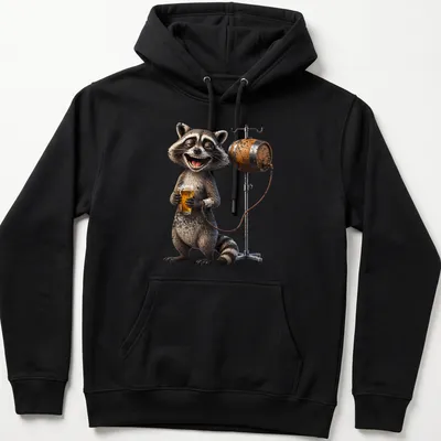 Cartoon raccoon holding a beer with 'Addictive Intravenous Infusion Beer' text — printed on a unisex hoodie