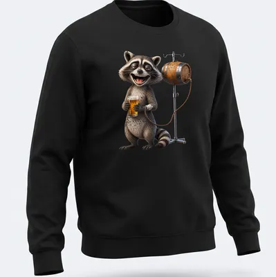 Cartoon raccoon holding a beer with 'Addictive Intravenous Infusion Beer' text — printed on a unisex sweatshirt